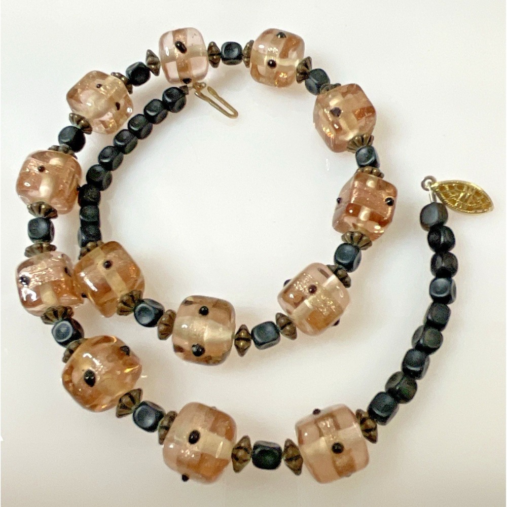 Vintage Art Glass Beaded Necklace Light Pink & Black Artisan Choker Length 14"